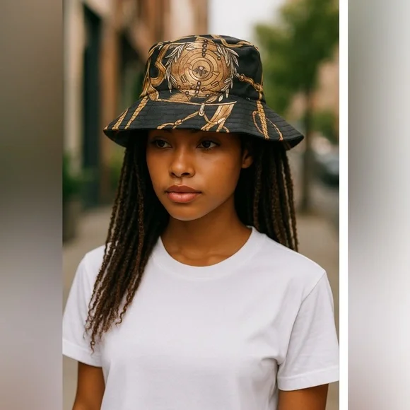 Reversible Satin Black and Gold Chain Print Bucket Hat - Picture 2 of 10